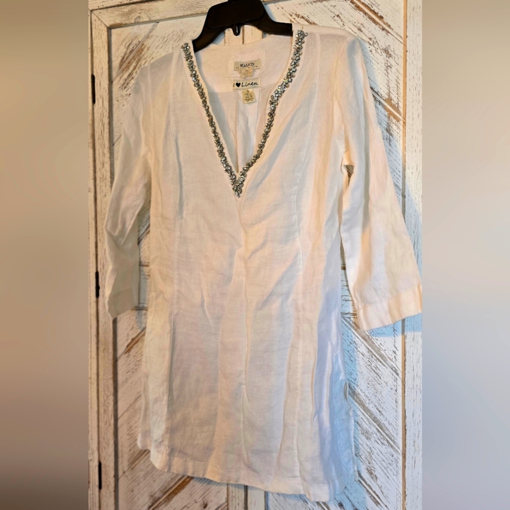 Malvin Hamburg Germany White Linen Rhinestone Tunic Top S